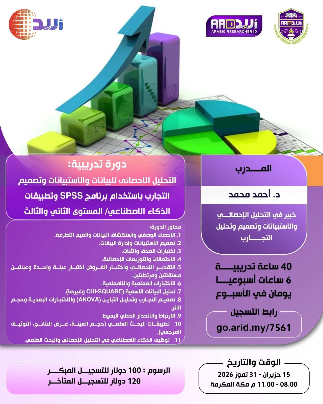 التحليل الإحصائي للبيانات والاستبيانات وتصميم وتحليل التجارب باستخدام برنامج SPSS والذكاء الاصطناعي / المستوى الثاني والثالث
